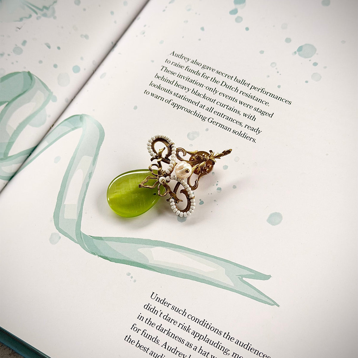 Emerald Brass Brooch