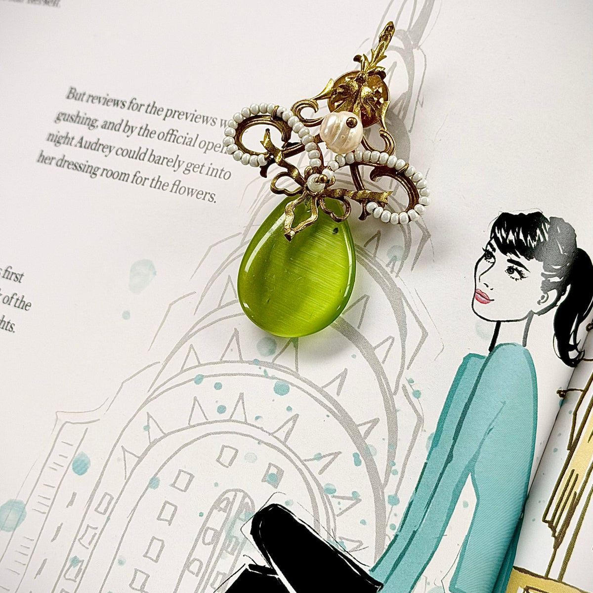 Emerald Brass Brooch